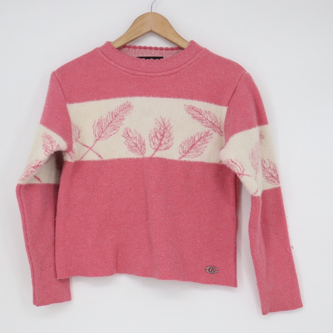 Khushiya Pink Cream Fuzzy Knit Leaf Pattern Scalloped Neck Sweater Size M