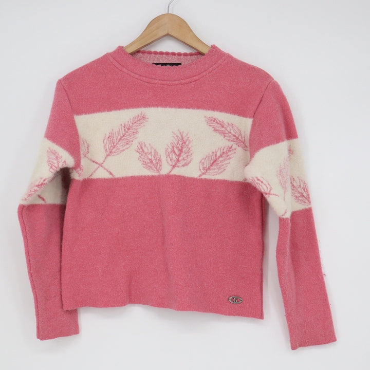 Khushiya Pink Cream Fuzzy Knit Leaf Pattern Scalloped Neck Sweater Size M