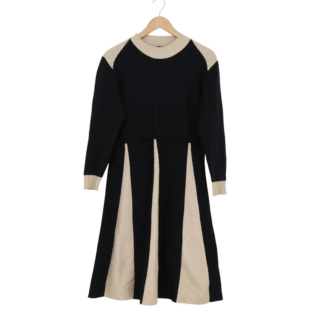 Unbranded Black Tan Colorblock Knit Midi Dress Mock Neck Long Sleeve A-Line