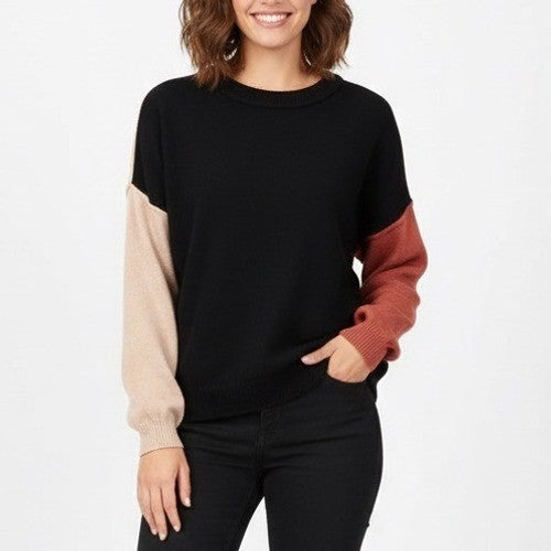 DOKOTOO Colorblock Sweater Black Beige Coral Knit Long Sleeve XL