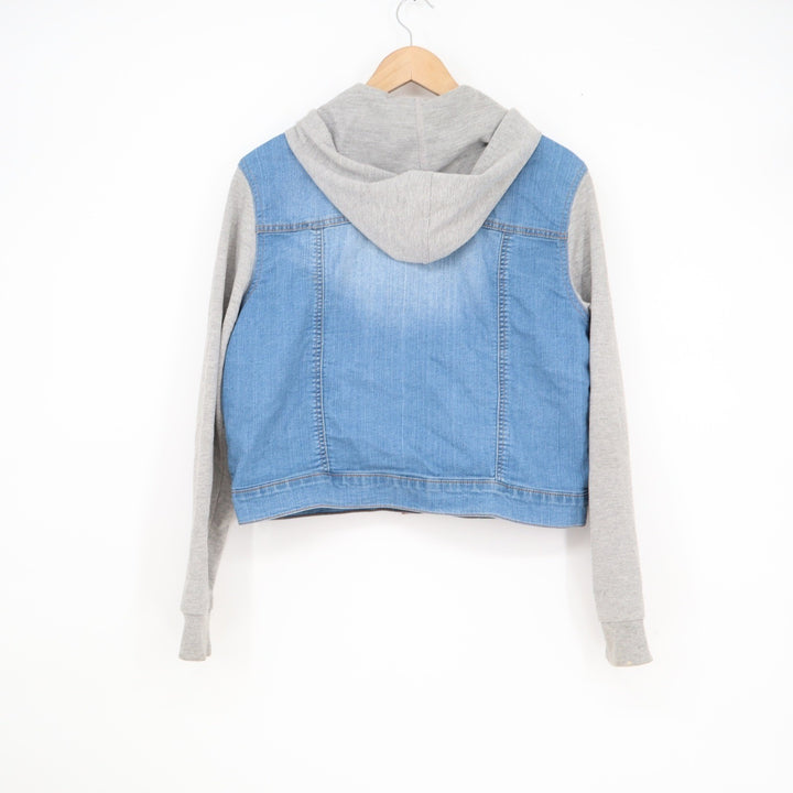 Active USA Denim Hooded Mixed Media Jean Jacket Light Wash Gray Large