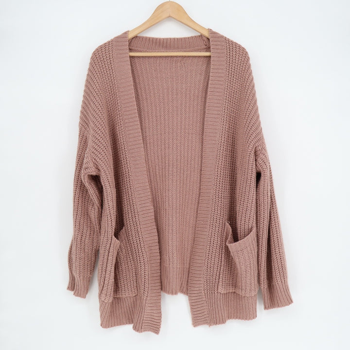 Shein Cardigan Sweatshirt Womens Medium Brown Waffle Knit Open Front Pockets