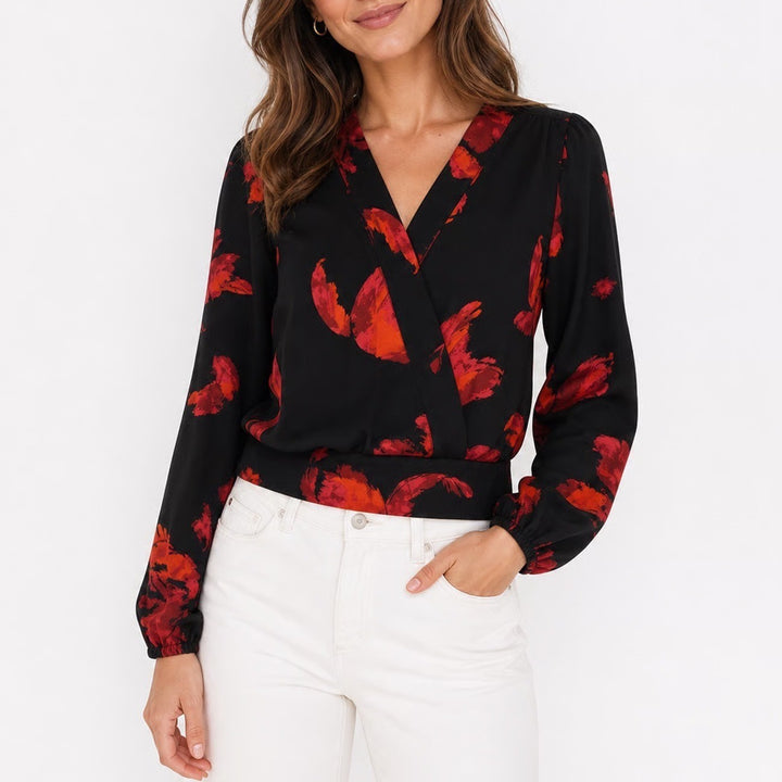 Nine West Womens Floral Wrap V-Neck Blouse Black Red Orange Smocked Waist Size M