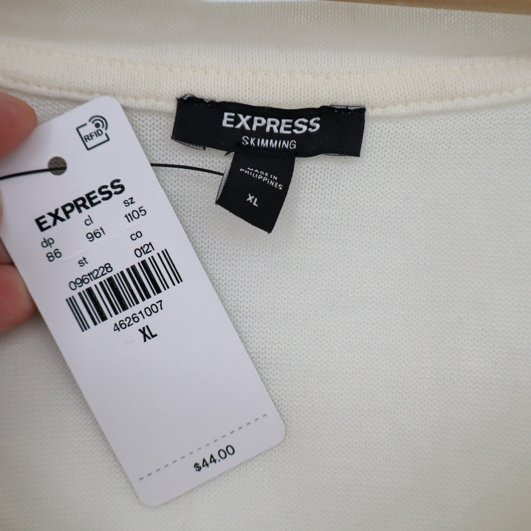 Express Skimming T-Shirt Womens XL Beige Stretch Ruched Sleeve V-Neck Pullover