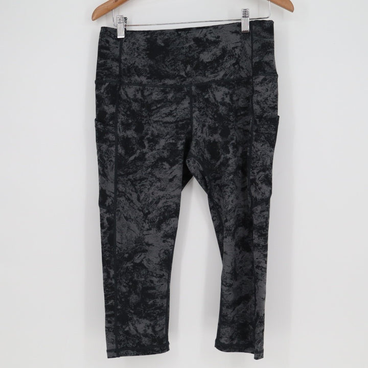 Capri Leggings Womens XL Black Gray Tie Dye Stretch Pockets Elastic Waist Active