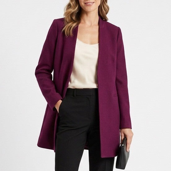 Calvin Klein Blazer Womens 12 Burgundy Stretch Pockets Open Front Shawl Collar