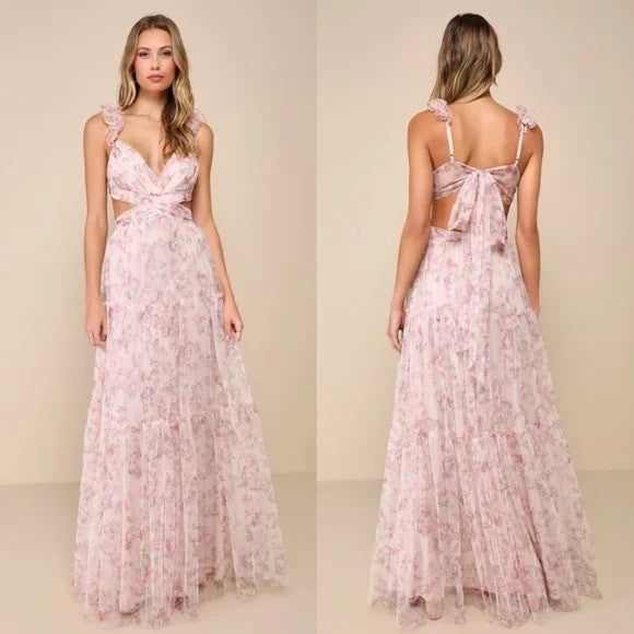 Lulus Pink Floral Tulle Cutout Tiered Maxi Dress MM21936L XL