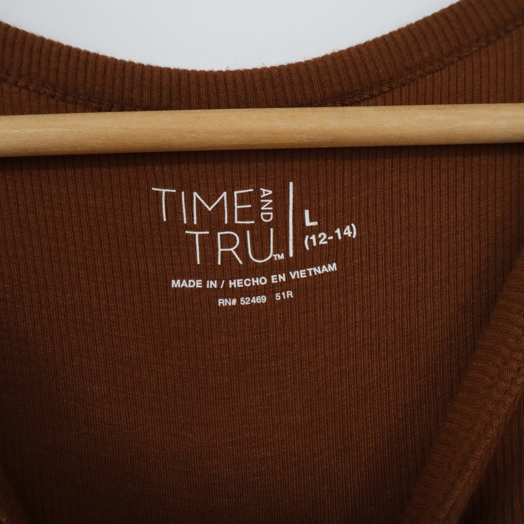 Time and Tru Womens Brown Ribbed Long Sleeve Henley Top Size L 12-14