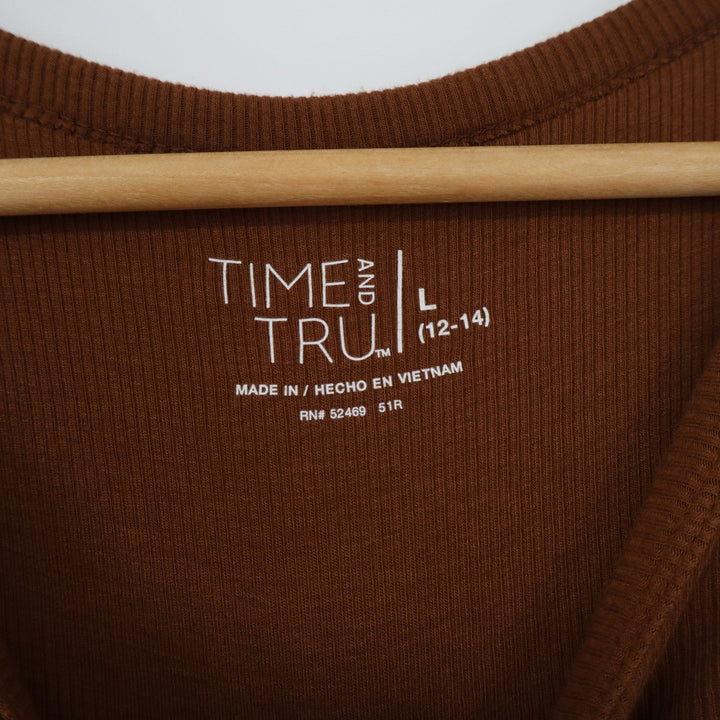 Time and Tru Womens Brown Ribbed Long Sleeve Henley Top Size L 12-14