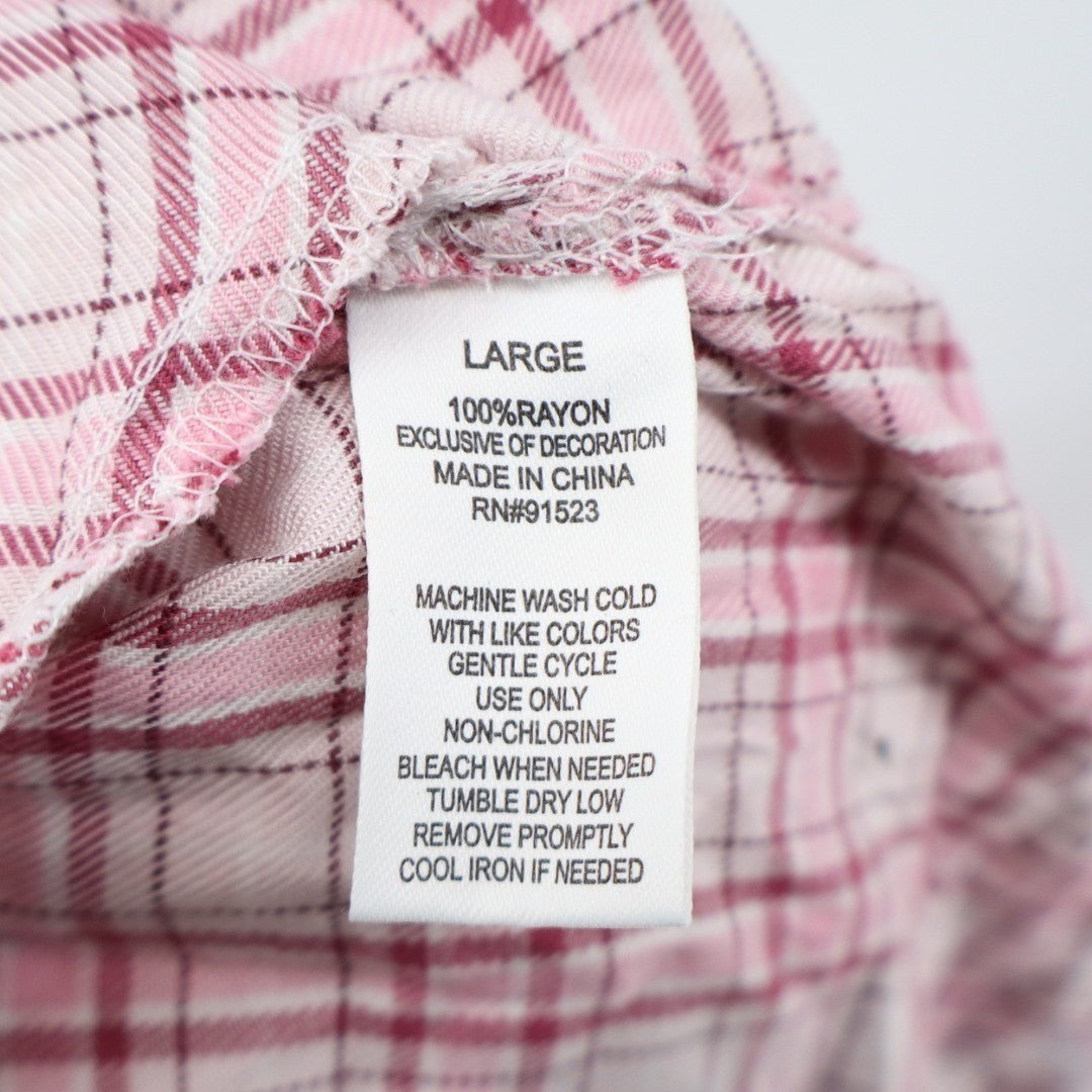 Roudelain Flannel Sleep Shirts Womens L Pink Pleated Spread Collar Long Sleeve