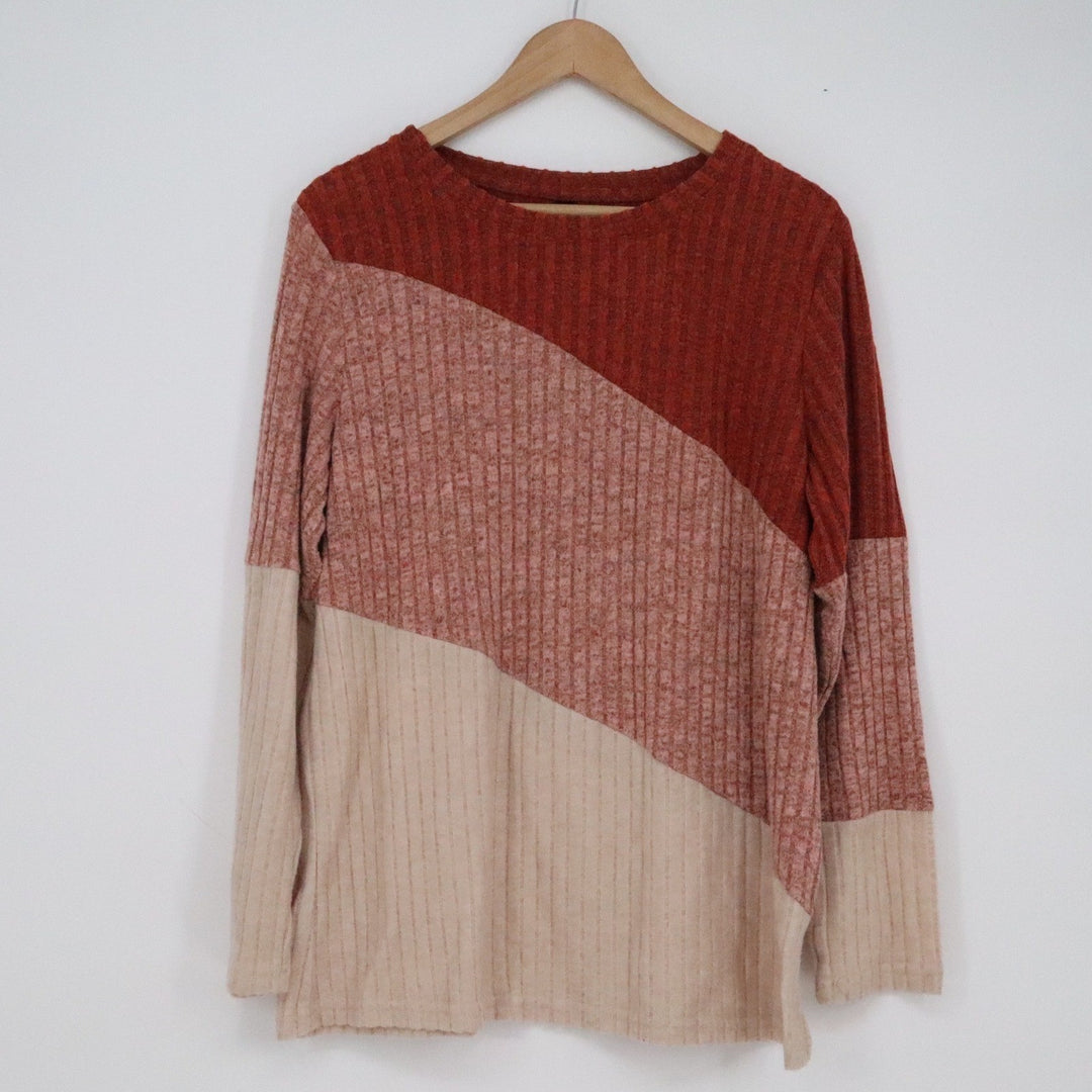 AYIFU Womens XL Colorblock Ribbed Knit Long Sleeve Top Rust Pink Beige Casual