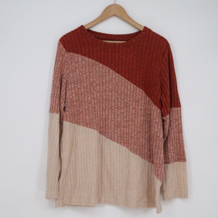 AYIFU Womens XL Colorblock Ribbed Knit Long Sleeve Top Rust Pink Beige Casual