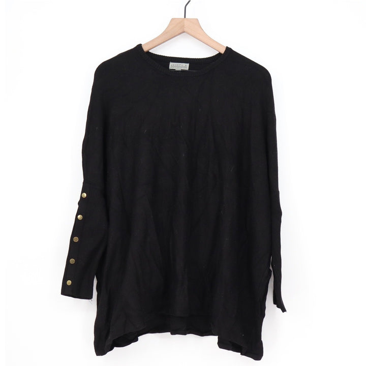 Joseph A Black Oversized Knit Sweater Gold Button Cuff Rayon Blend Crew Neck M