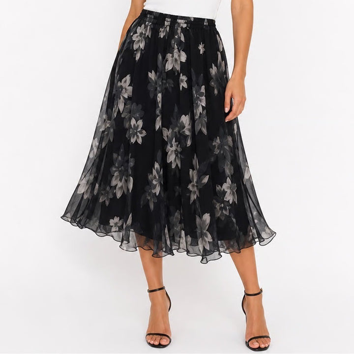 Black Floral Chiffon Maxi Skirt Elastic Waist Lettuce Hem Flowy Size L