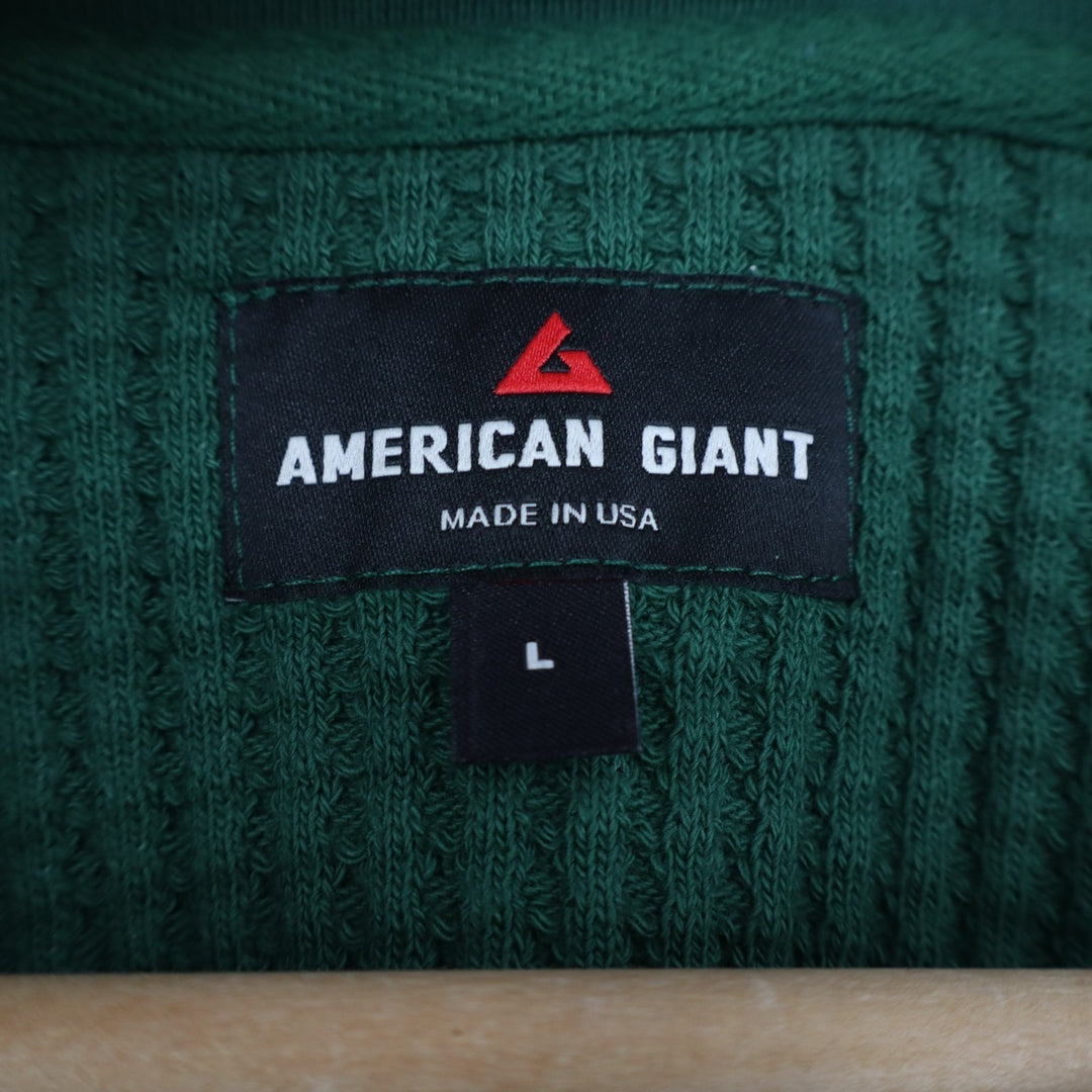 American Giant T-Shirt Men L Hunter Green Waffle Knit Cotton Stretch Henley Neck