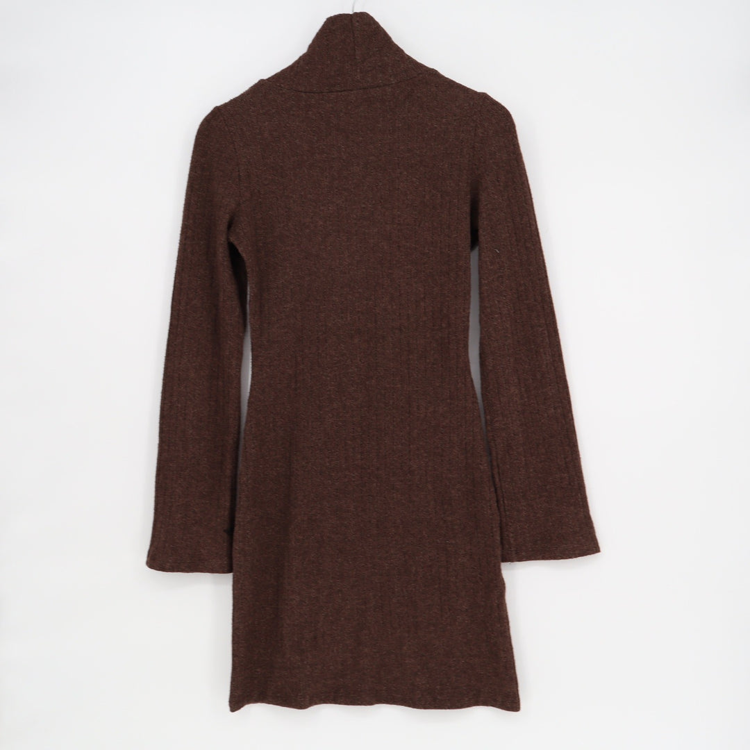 Gina Tricot Brown Turtleneck Ribbed Knit Mini Dress XS Long Bell Sleeve Slit