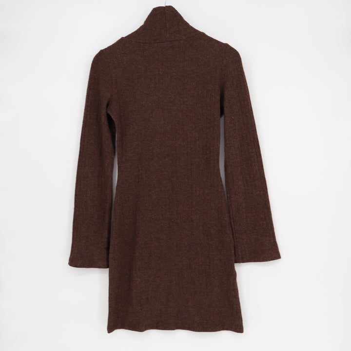 Gina Tricot Brown Turtleneck Ribbed Knit Mini Dress XS Long Bell Sleeve Slit