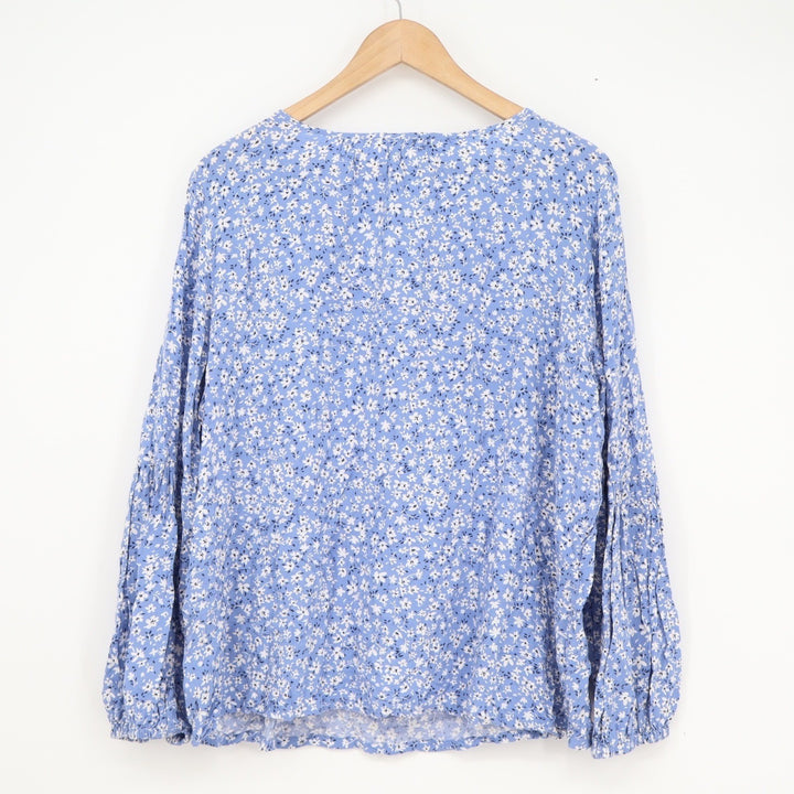 Time and Tru Blue Floral V-Neck Peasant Blouse XL 16-18 Long Sleeve Viscose Top