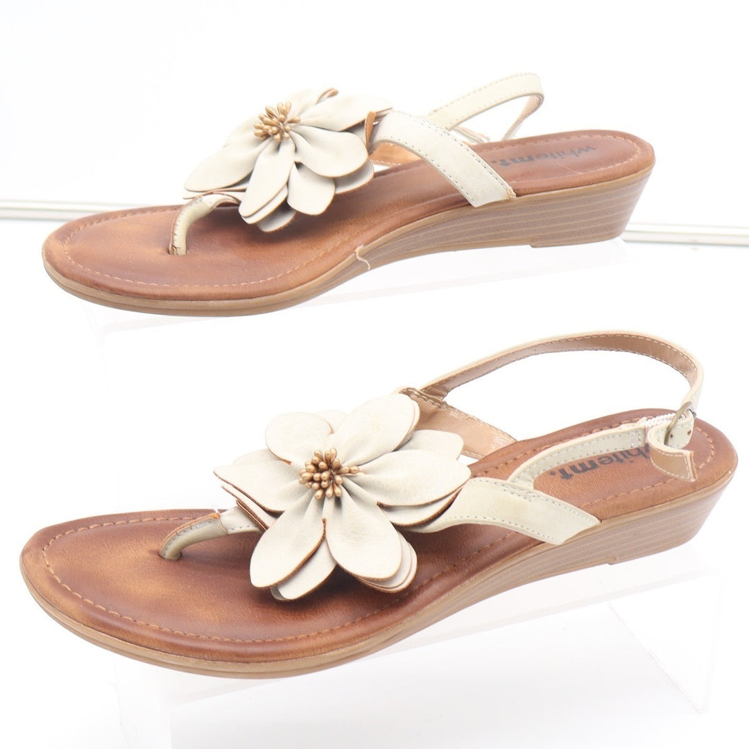 White Mountain Goofy Cream Floral Wedge Sandals Womens Size 8M Low Heel Boho