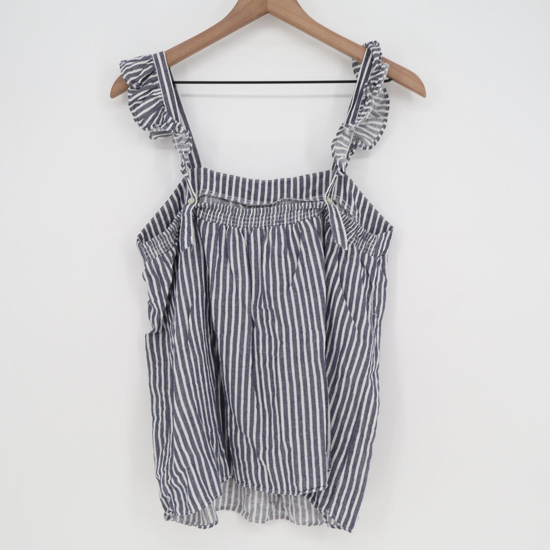 Old Navy Blue White Striped Ruffle Strap Cotton Linen Tank Top Medium Smocked