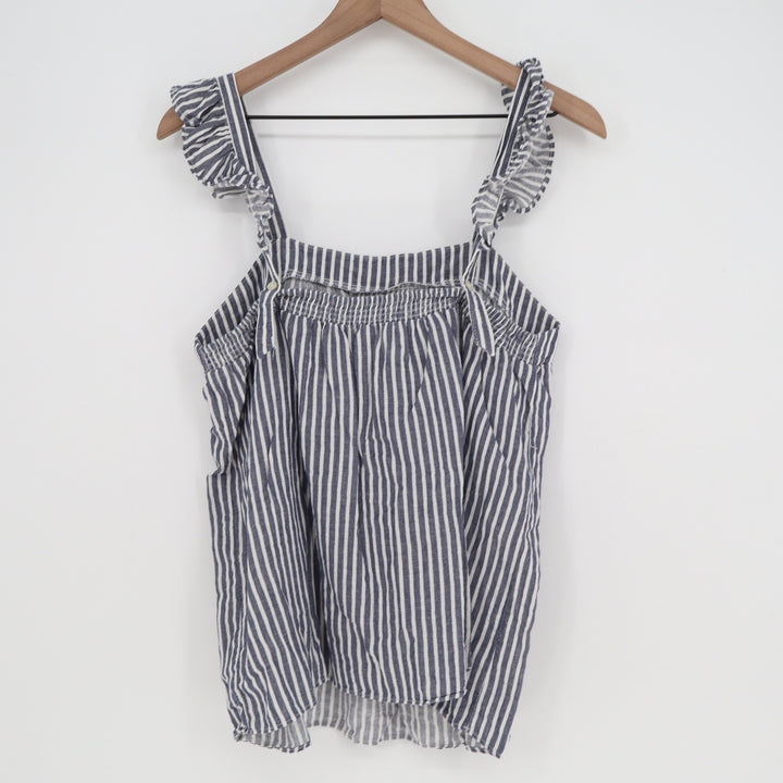 Old Navy Blue White Striped Ruffle Strap Cotton Linen Tank Top Medium Smocked