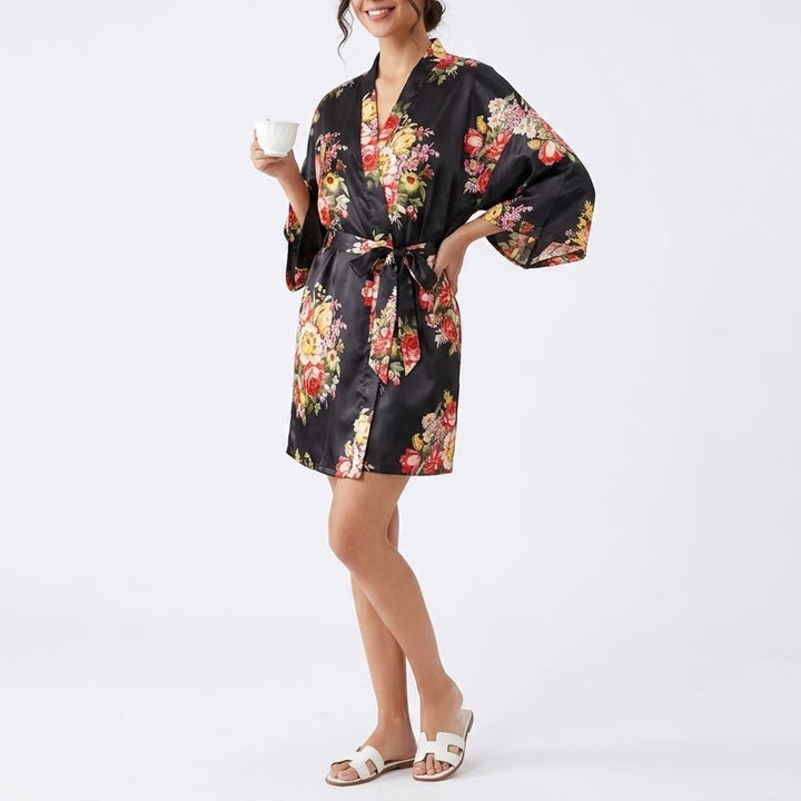 Black Floral Satin Kimono Robe One Size Short Dressing Gown Wide Sleeve Tie Belt