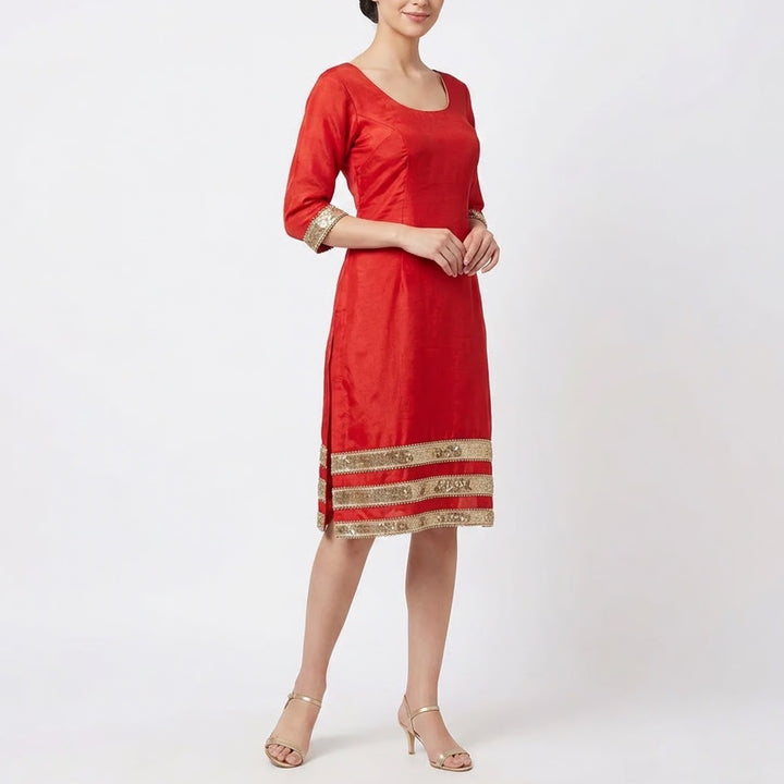 Unbranded Red Gold Sequin Embroidered Silk Kurta Tunic Dress Small 10279