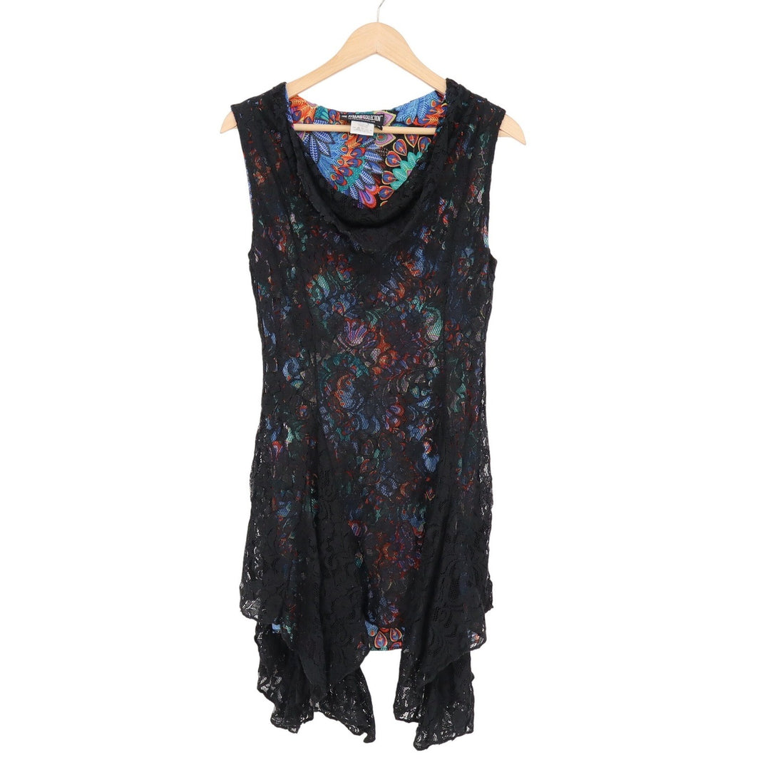 The Pyramid Collection Black Lace Paisley Sharkbite Tunic Top Medium Cowl Neck
