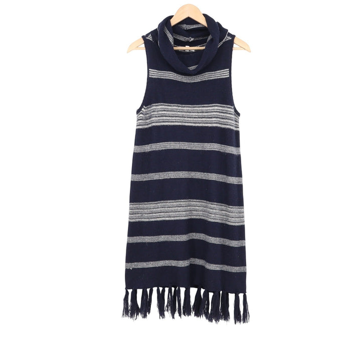 BB Dakota Navy Blue White Striped Cowl Neck Fringe Hem Sweater Dress M