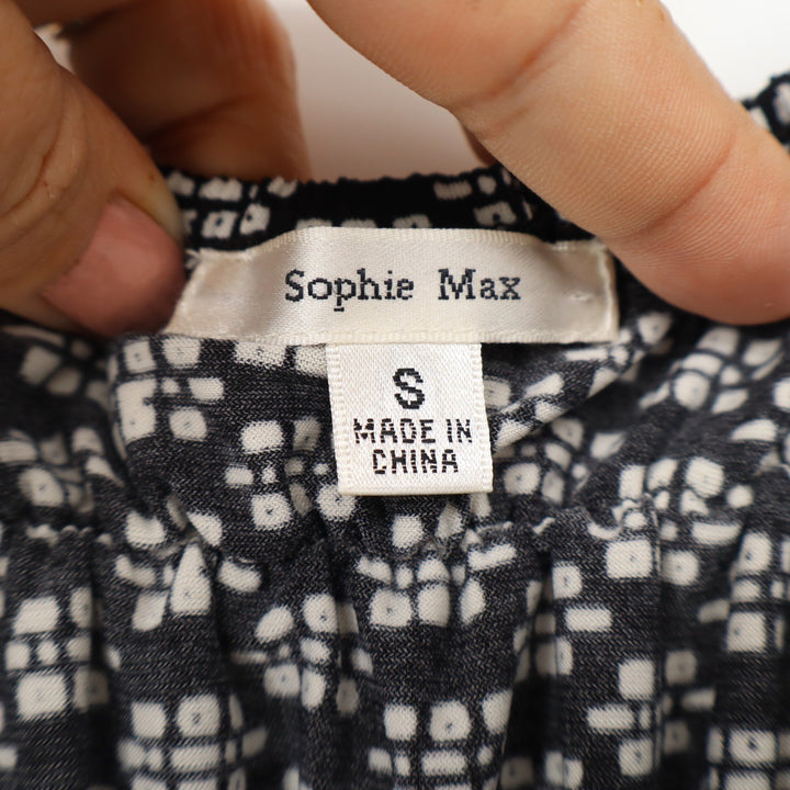 Sophie Max Womens Black White Geometric Print Bell Sleeve Smocked Dress Small