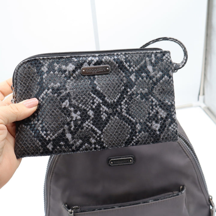 Baggallini Gray Nylon Backpack Snakeskin Trim Small Travel Bag with Pouch Padded
