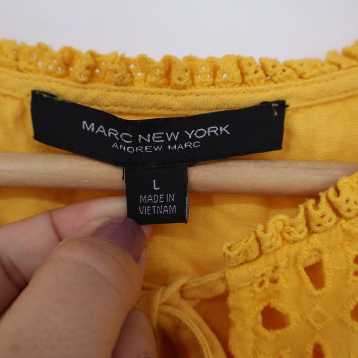 Marc New York Andrew Marc Yellow Linen Blend Eyelet Ruffle Blouse Large