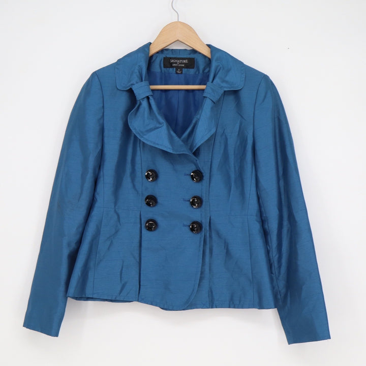 Signature by Larry Levine Teal Blue Ruffle Collar Double Breasted Blazer Size 6