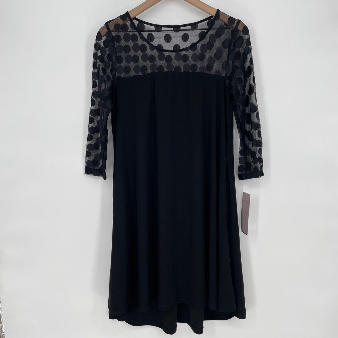 Nina Leonard Black Polka Dot Mesh Sleeve Sheath Dress Size S