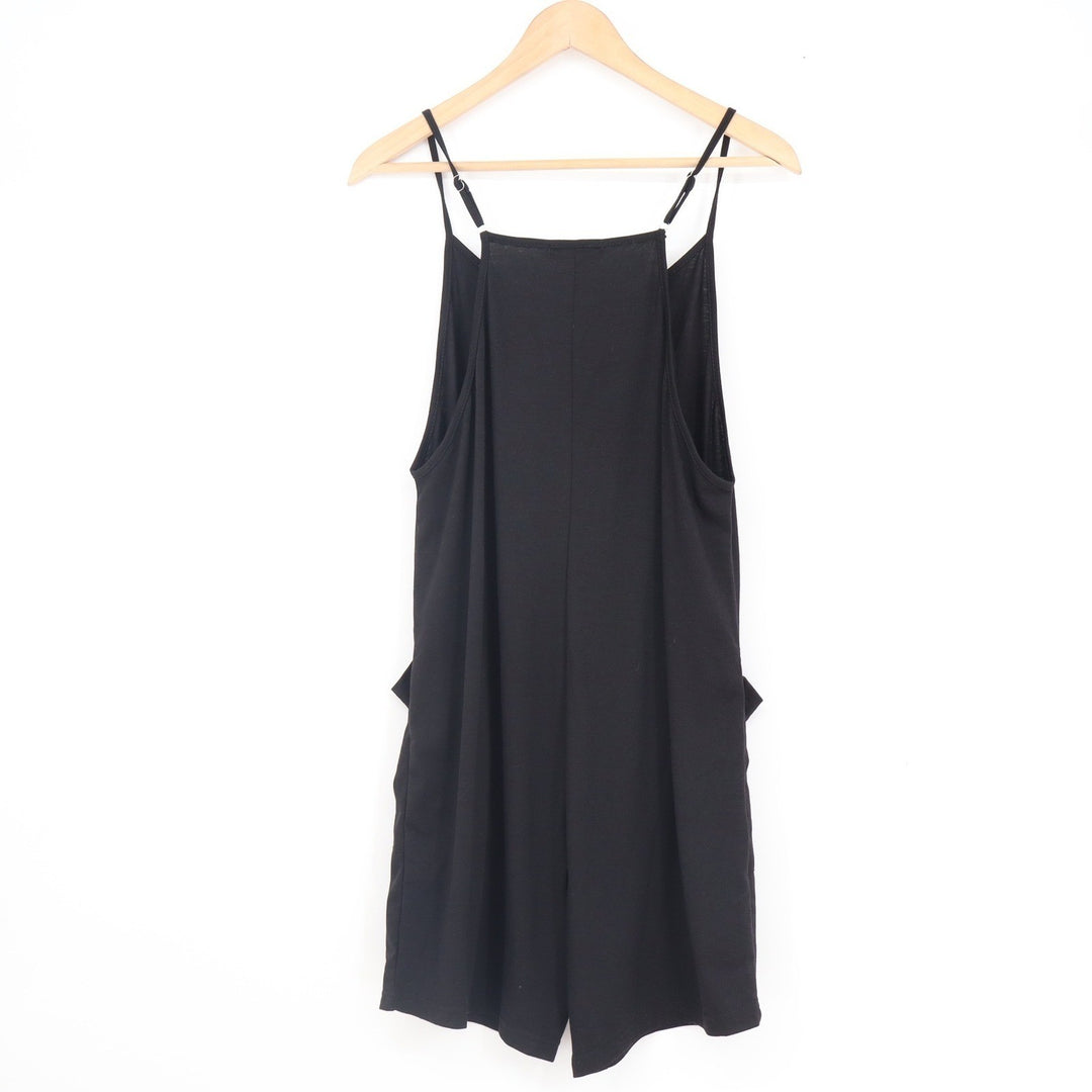Fantaslook Black Relaxed Fit Romper Pockets Adjustable Straps Size M