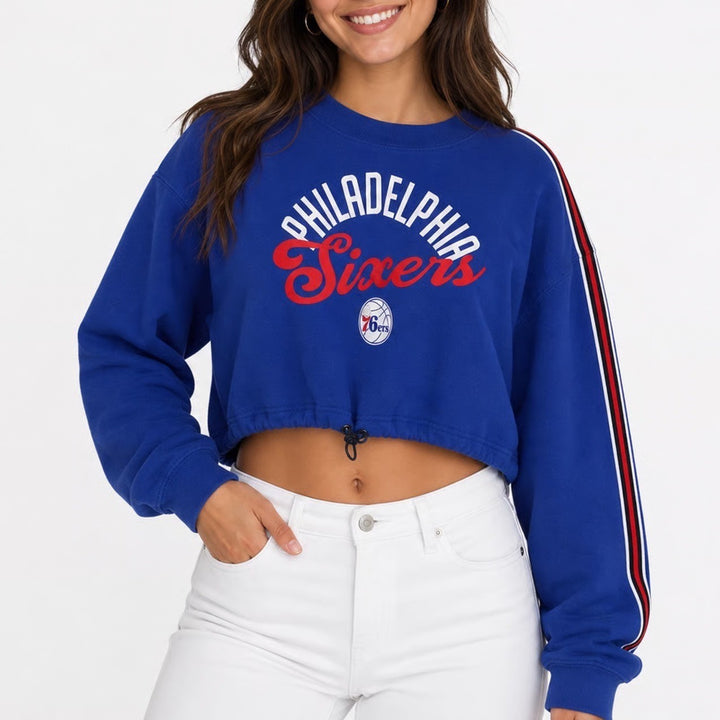 NBA Philadelphia Sixers Cropped Sweatshirt Blue XL Side Stripe Drawstring Hem
