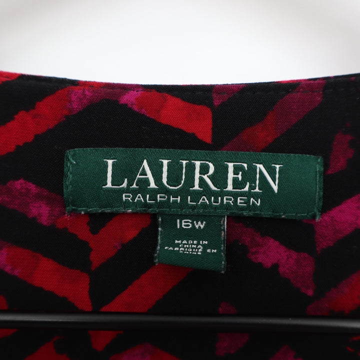 Lauren Ralph Lauren Faux Wrap Dress Womens 16W Red Black Printed Stretch Pleated
