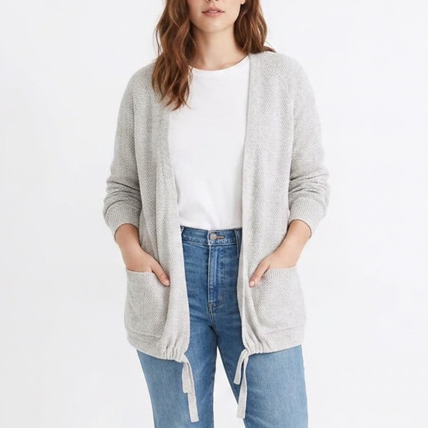 Madewell Gray Open Front Drawstring Hem Cardigan Sweater Textured Knit Pockets