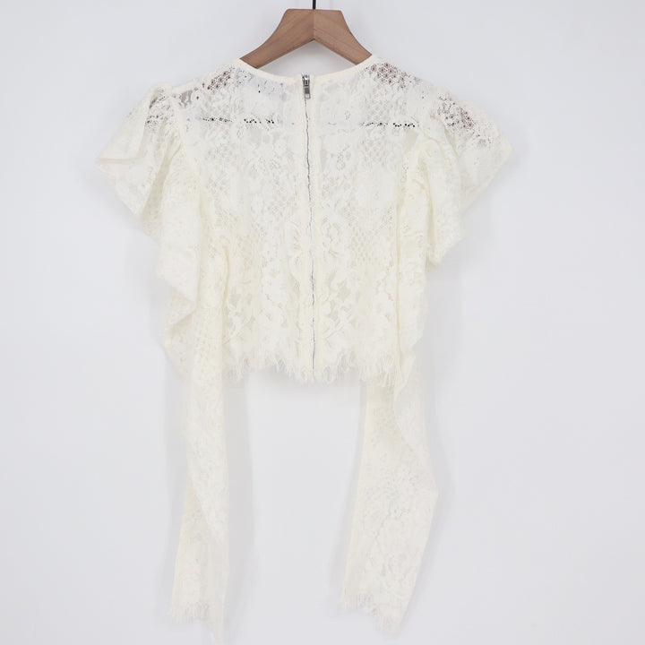Naked Wardrobe The Statement Ivory Lace Ruffle Crop Top Womens Small