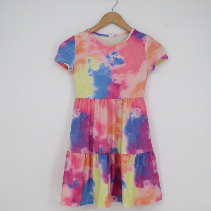 SHEIN Girls Multicolor Tie-Dye Tiered Babydoll Dress Short Sleeve Size 8Y