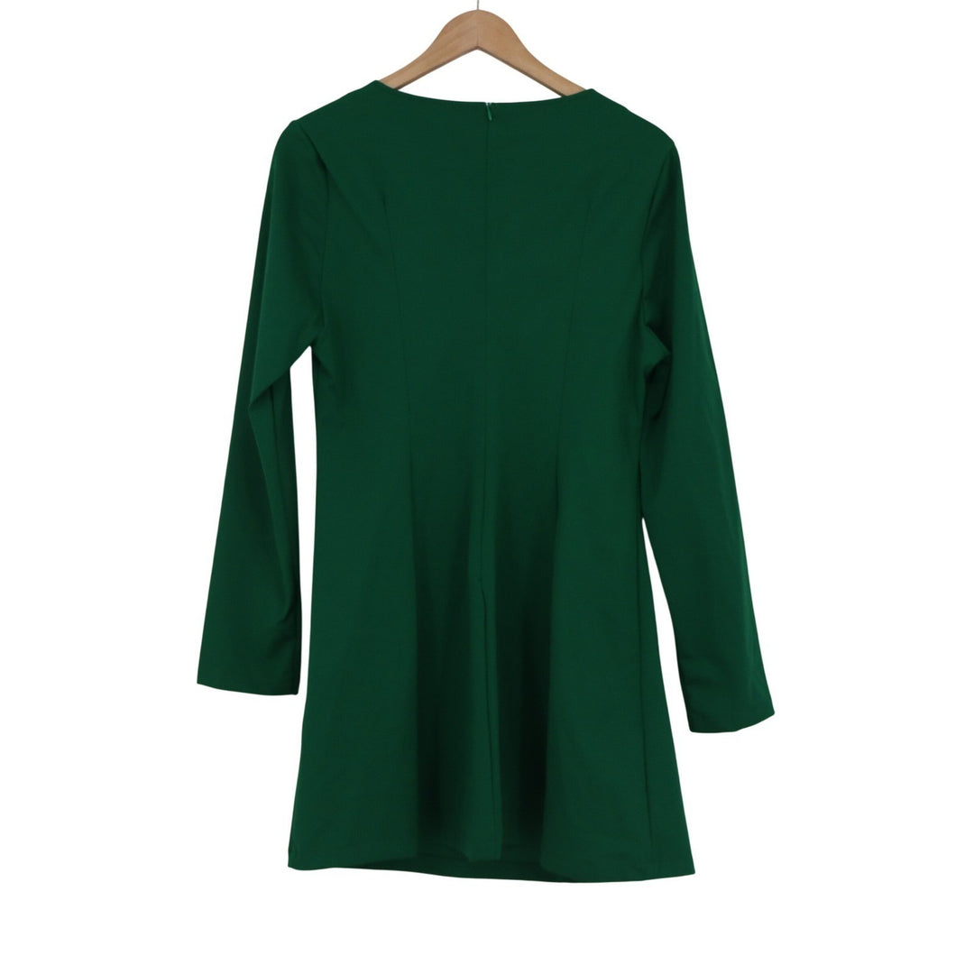 Green Long Sleeve Mini Dress with White Bow Accents and Side Slit Size L