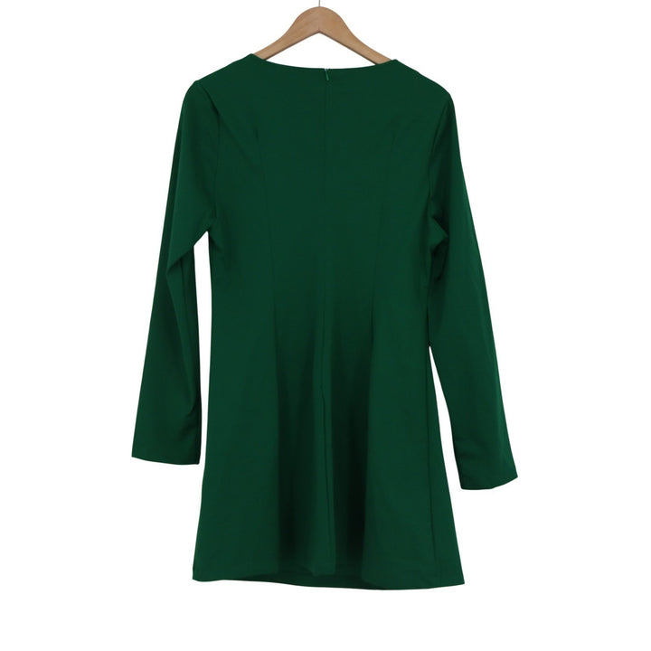 Green Long Sleeve Mini Dress with White Bow Accents and Side Slit Size L
