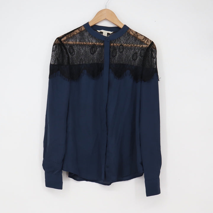 Lauren Conrad Blouse Womens S Lace Yoke Navy Blue Button-down Excellent