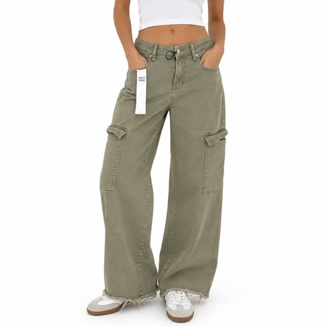 Tinseltown Olive Green Cargo Wide Leg Pants Raw Hem High Rise Size 1