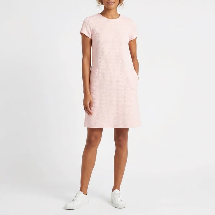 J.McLaughlin Pink Greek Key Textured Knit Shift Dress Short Sleeve Womens M