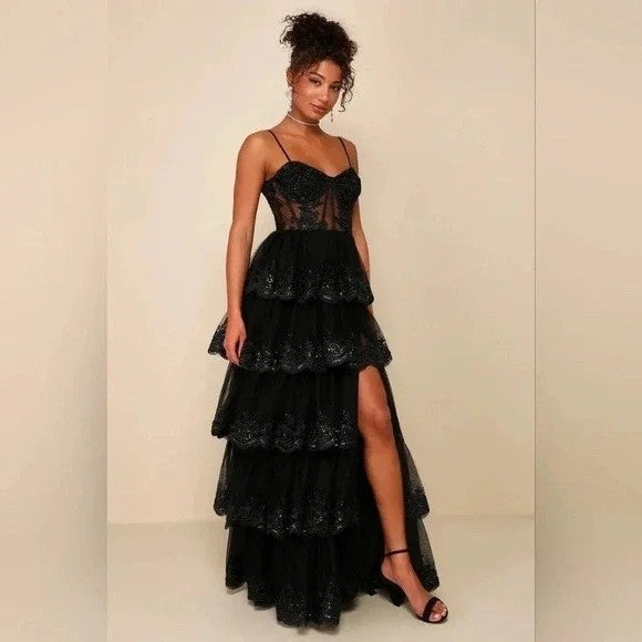 Lulus Alluring Sensation Black Tulle Embroidered Tiered Maxi Dress Size XL