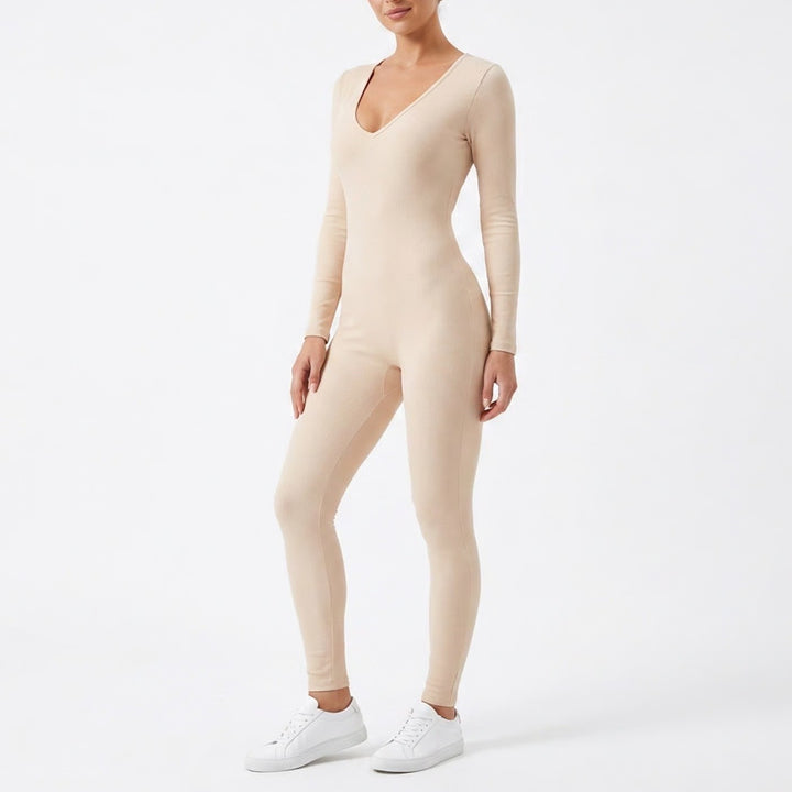 Naked Wardrobe Long Sleeve V-Neck Jumpsuit Peach Beige Size L NEW