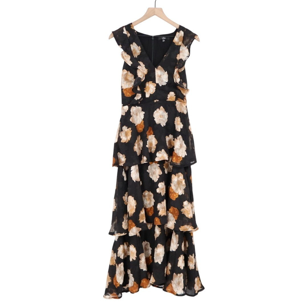 Lulus No Introductions Needed Maxi Dress Womens M Black Burnout Floral Tiered