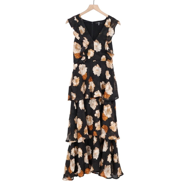 Lulus No Introductions Needed Maxi Dress Womens M Black Burnout Floral Tiered