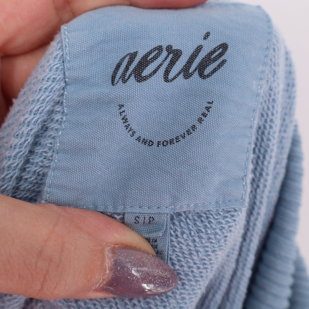 Aerie Cropped Sweater Womens Small Blue Knit Cotton Turtleneck Raglan Sleeve